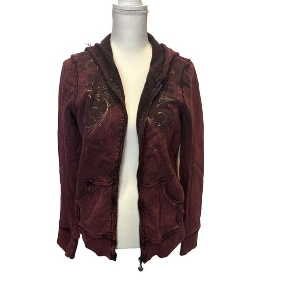 Vintage Y2K Sinful Hoodie Xl Women's Maroon Wings Feathers Gold Metallic - Picture 9 of 10